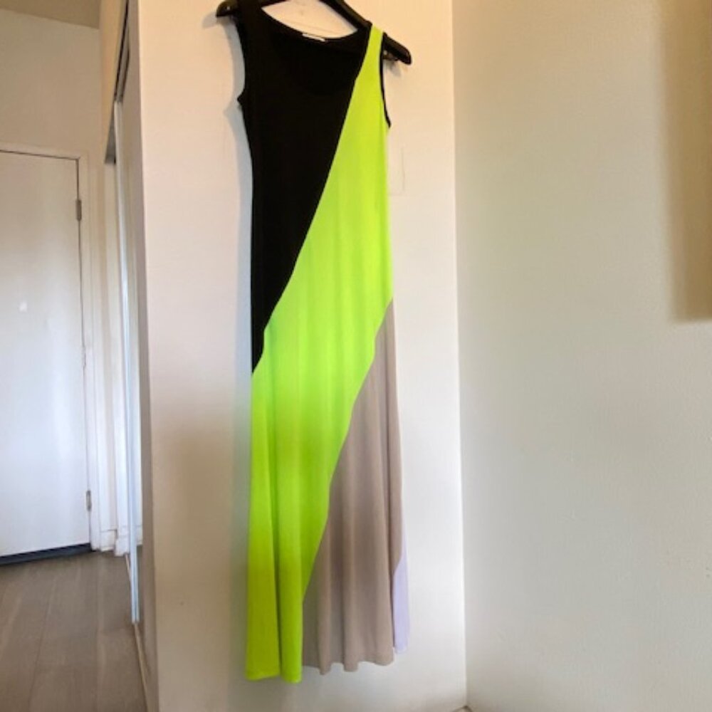 Calvin Klein Colorblock Maxi Tank Dress, Cover-Up Size 8 Black Lime Taupe White
